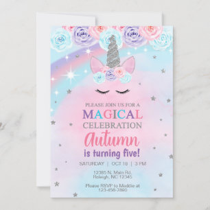 Invitation d'anniversaire de la licorne bleu rose 