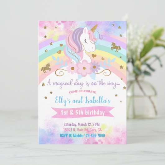 Invitation d'anniversaire de la licorne et des fle (Debout devant)