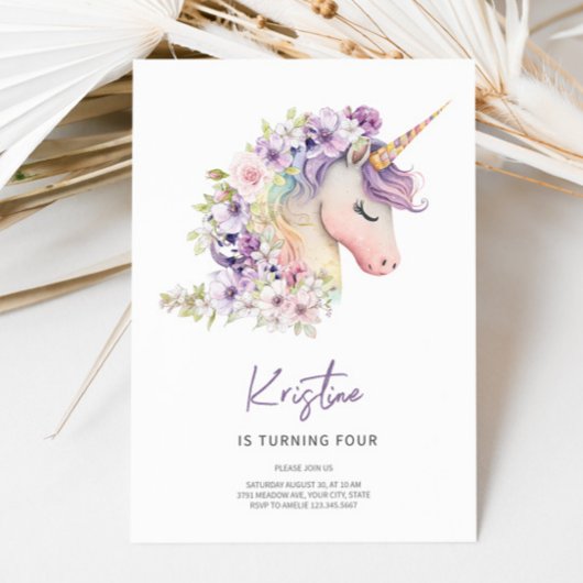 Invitation d'anniversaire de la licorne florale ma