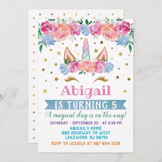 Invitation d'anniversaire de la licorne, invitatio (Devant / Derrière)