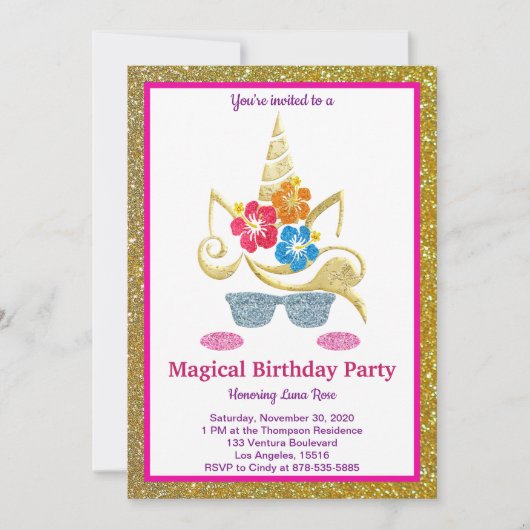 Invitation d'anniversaire de la licorne magique (Devant)