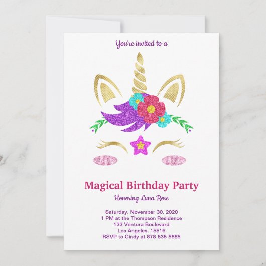 Invitation d'anniversaire de la licorne magique (Devant)