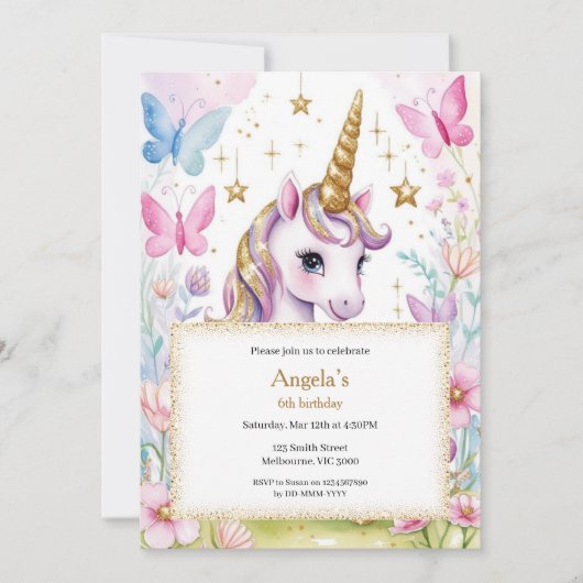 Invitation d'anniversaire de la licorne magique (Devant)