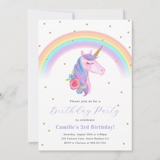 Invitation d'anniversaire de la licorne magique et (Devant)