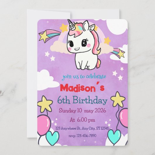 Invitation d'anniversaire de la licorne | Modèle m (Devant)