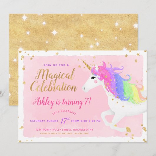 Invitation d'anniversaire de la licorne | Rose et  (Devant / Derrière)