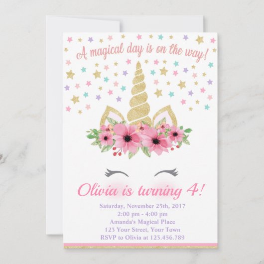 Invitation d'anniversaire de la licorne, rose et o (Devant)