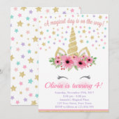 Invitation d'anniversaire de la licorne, rose et o (Devant / Derrière)