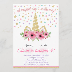 Invitation d'anniversaire de la licorne, rose et o