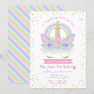 Invitation d'anniversaire de la licorne rose et vi