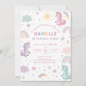 Invitation d'anniversaire de la licorne trois. Pas (Devant)