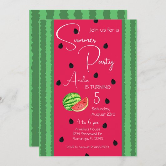 Invitation d'anniversaire de la pastèque 5x7 (Devant / Derrière)