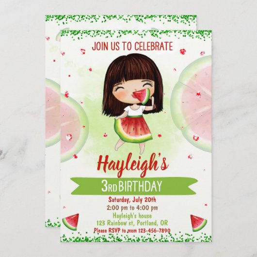 Invitation d'anniversaire de la pastèque Invitatio (Devant / Derrière)