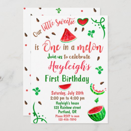 Invitation d'anniversaire de la pastèque Premier a (Devant / Derrière)