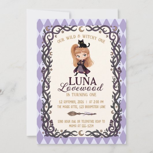 Invitation d'anniversaire de la Petite Sorcière Un (Devant)