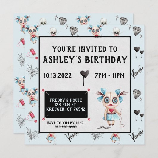 Invitation d'anniversaire de la poupée Voodoo dépl (Devant / Derrière)