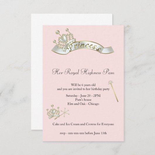 Invitation d'anniversaire de la princesse (Devant / Derrière)