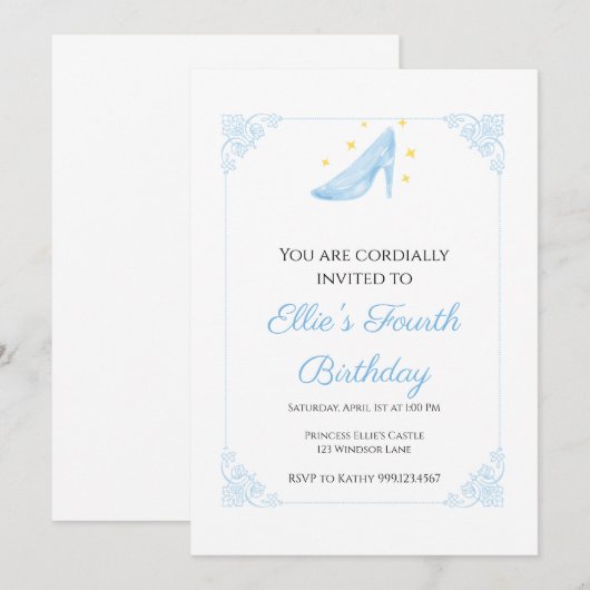 Invitation d'anniversaire de la princesse Cendrill (Devant / Derrière)