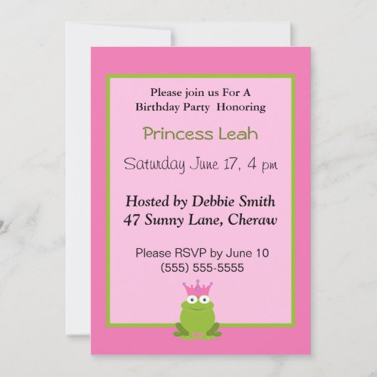 Invitation d'anniversaire de la Princesse Frog. (Devant)