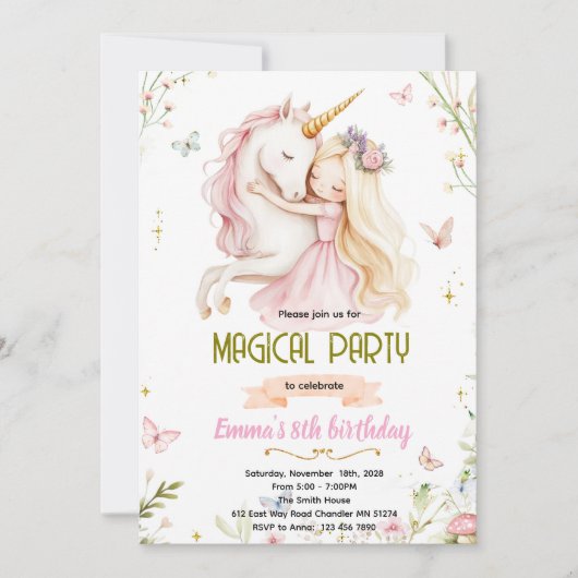 Invitation d'anniversaire de la princesse licorne (Devant)