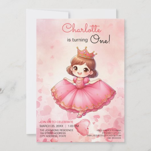 Invitation d'anniversaire de la princesse rose (Devant)