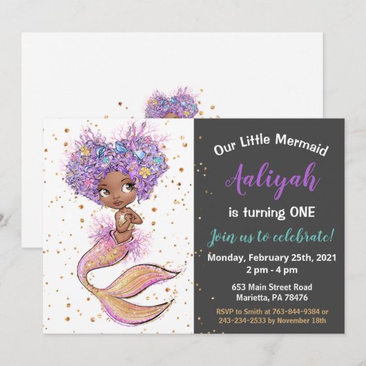 Invitation d'anniversaire de la sirène afro-améric (Devant / Derrière)