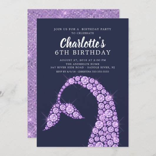 Invitation d'anniversaire de la sirène violette mo (Devant / Derrière)