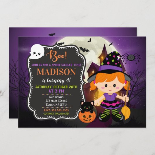 Invitation d'anniversaire de la sorcière d'Hallowe (Devant / Derrière)