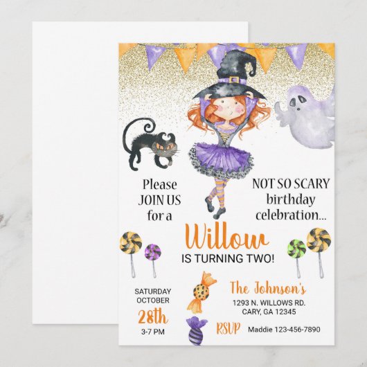 Invitation d'anniversaire de la sorcière d'Hallowe (Devant / Derrière)
