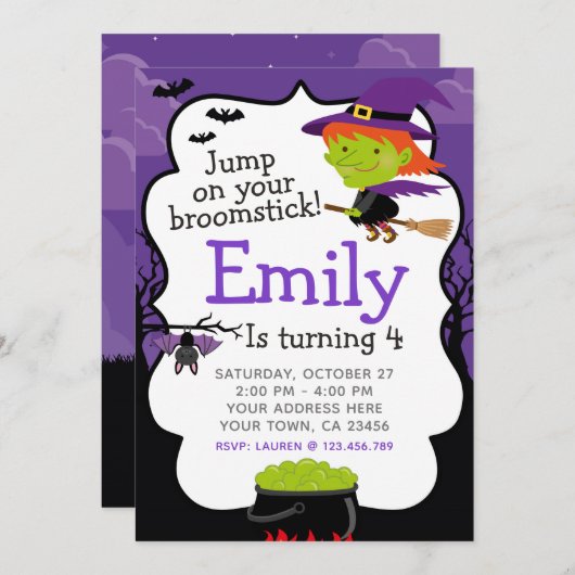 Invitation d'anniversaire de la sorcière d'Hallowe (Devant / Derrière)