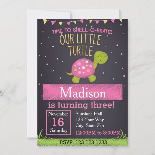 Invitation d'anniversaire de la tortue (rose) (Devant)