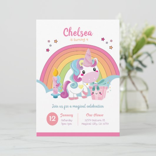 Invitation d'anniversaire de la Unicorne Rainbow P (Debout devant)