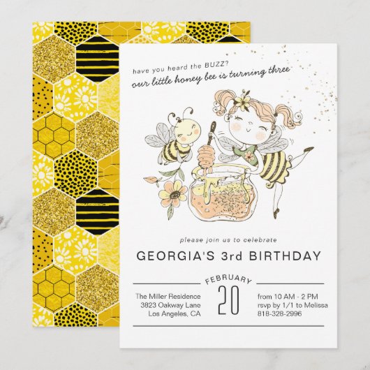 Invitation d'anniversaire de l'abeille à miel (Devant / Derrière)