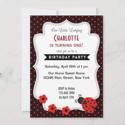 Invitation d'anniversaire de Ladybug Black Red Pol (Devant)