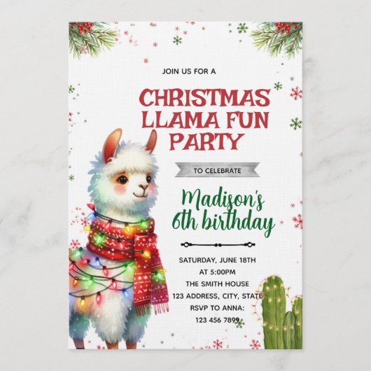 Invitation d'anniversaire de lama de Noël (Devant)