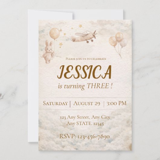 Invitation d'anniversaire de lapin d'avion Boho po (Devant)