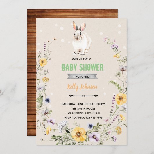 Invitation d'anniversaire de lapin de douche de fl (Devant / Derrière)