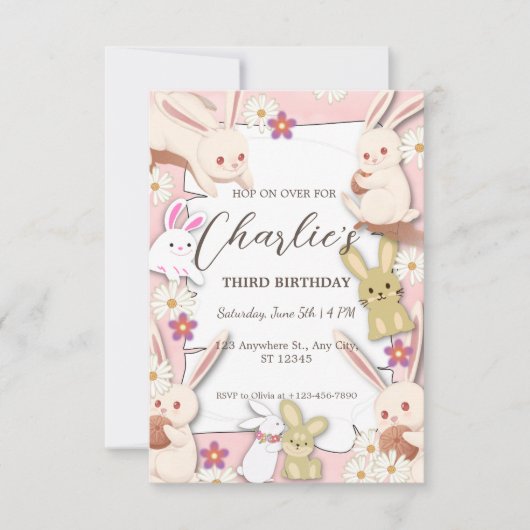 Invitation d'anniversaire de lapin pour enfant (Devant)