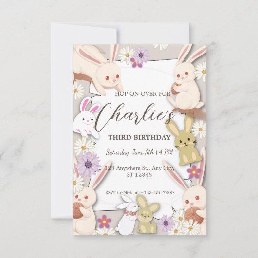Invitation d'anniversaire de lapin pour enfant (Devant)