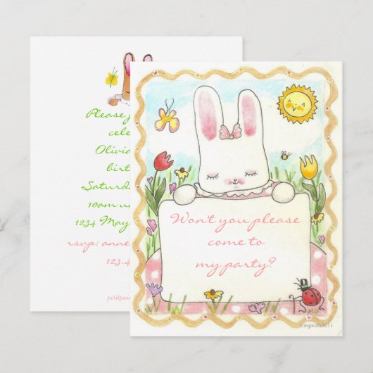 invitation d'anniversaire de lapin rose (Devant / Derrière)