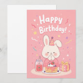 Invitation d'anniversaire de lapin rose mignon (Devant / Derrière)
