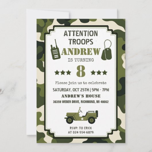 Invitation d'anniversaire de l'armée camouflage pe (Devant)