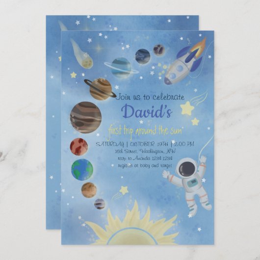 Invitation d'anniversaire de l'astronaute Planètes (Devant / Derrière)