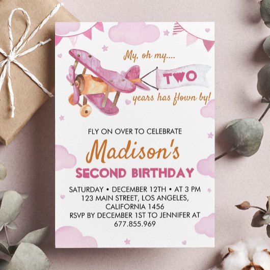 Invitation d'anniversaire de l'avion vintage rose
