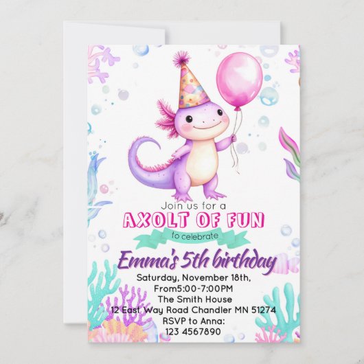 Invitation d'anniversaire de l'axolotl rose mignon (Devant)