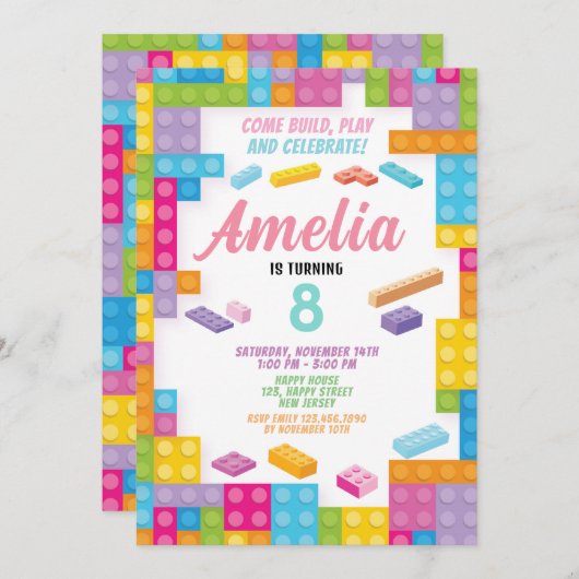 Invitation d'anniversaire de l'édifice pour filles (Devant / Derrière)