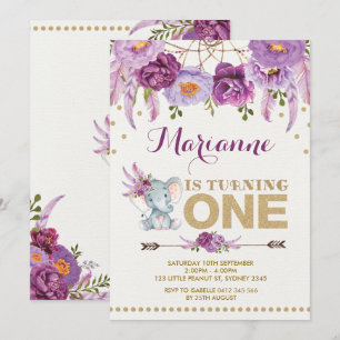Invitation d'anniversaire de l'éléphant floral vio