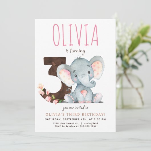 Invitation d'anniversaire de l'éléphant rose (Debout devant)