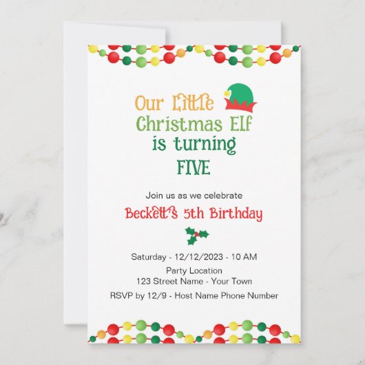 Invitation d'anniversaire de l'elfe de fête (Devant)