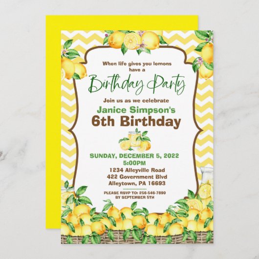 Invitation d'anniversaire de Lemon Chevron (Devant / Derrière)